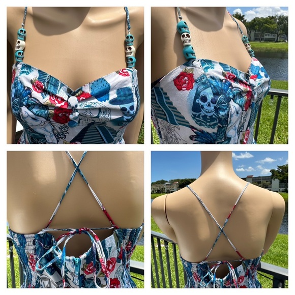 Hell Bunny Amor Eterno (Eternal Love) white,blue,red spaghetti strap dress Sz S - Picture 13 of 16